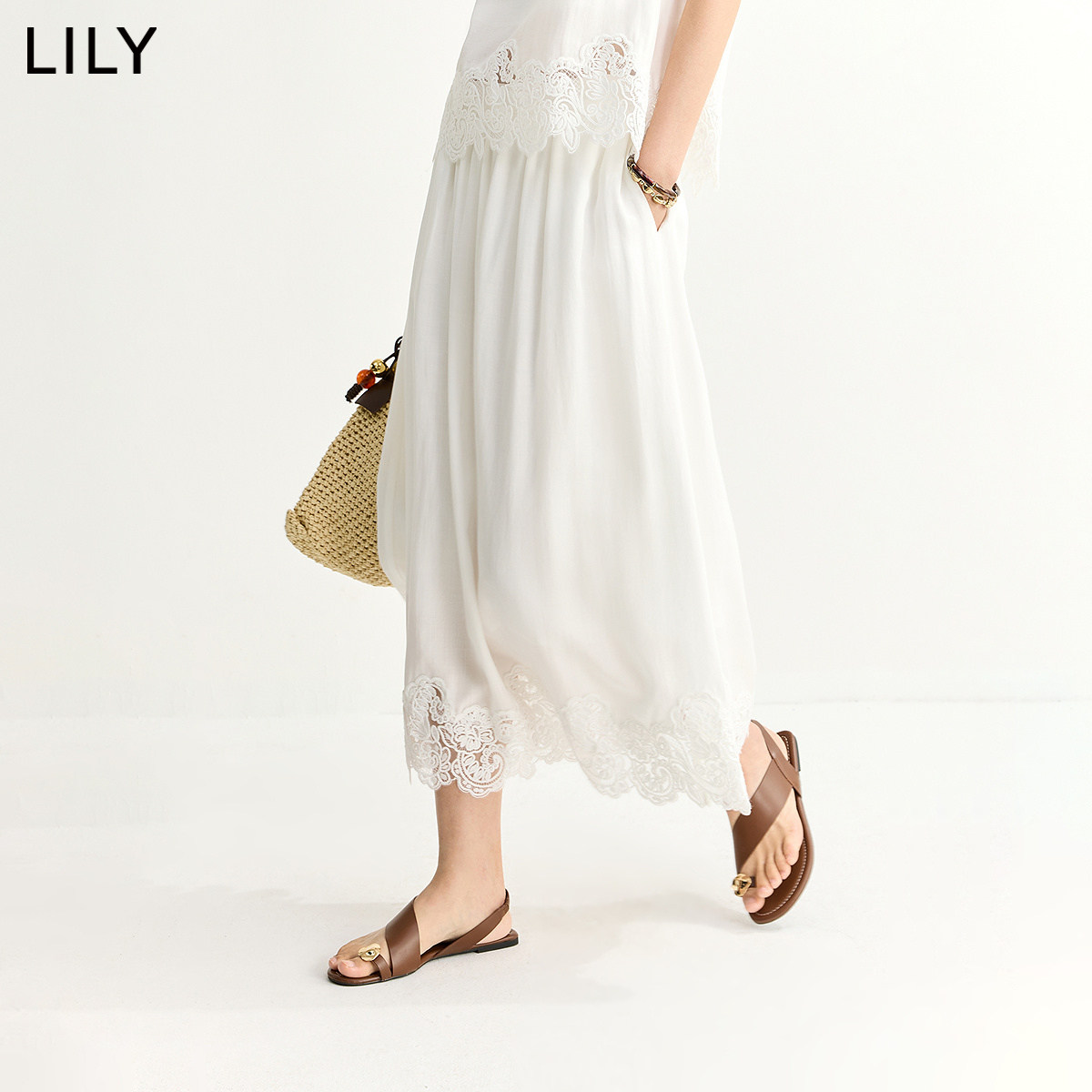 100%莱赛尔LILY2026夏新款法式气质蕾丝宽松休闲通勤白色半身裙女