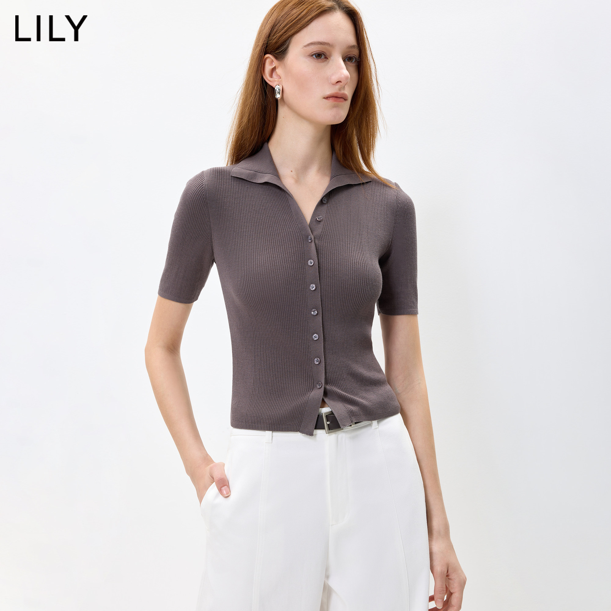 LILY2026秋新款女装莱赛尔混纺复古修身通勤百搭休闲短袖针织开衫