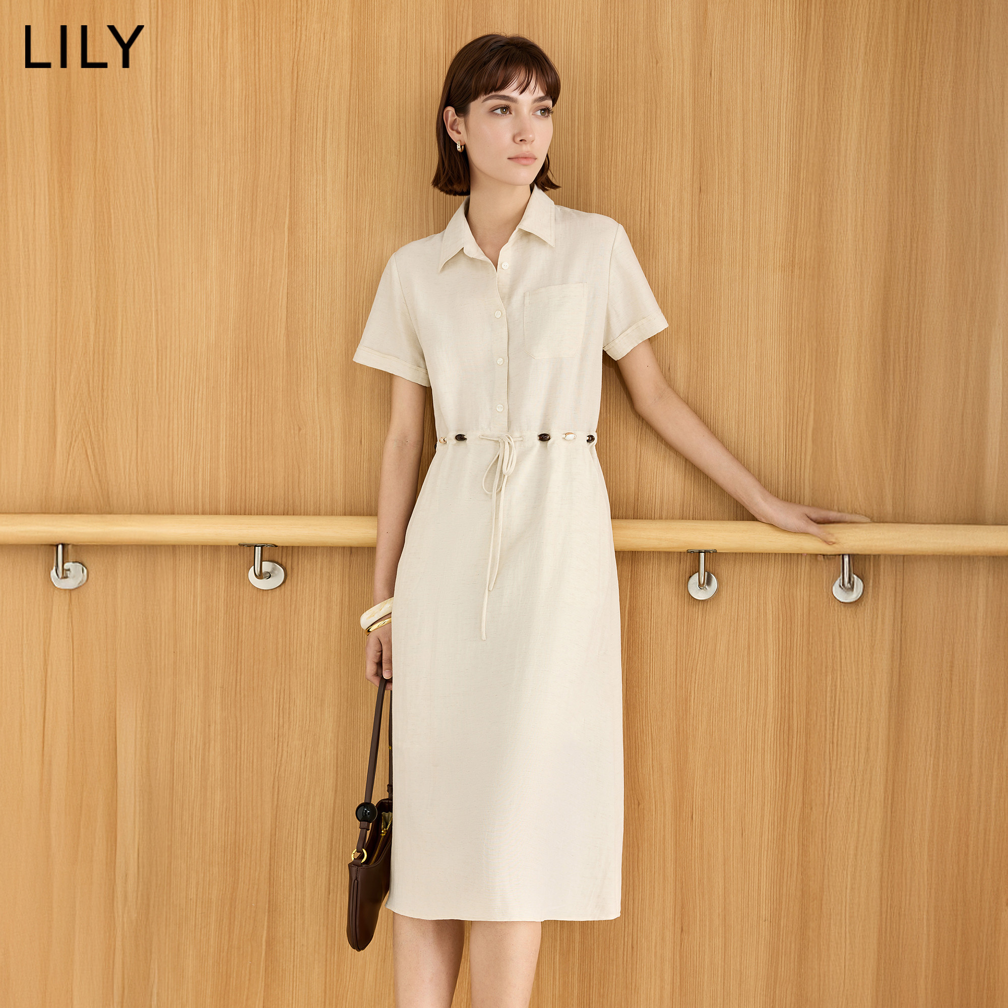 LILY2026夏新款女装简约翻领串珠抽绳收腰休闲通勤工装短袖连衣裙
