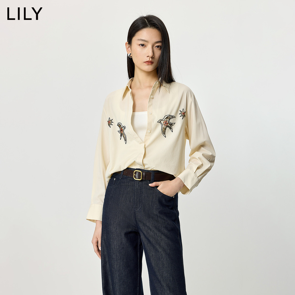 LILY2026夏新款莱赛尔棉混纺翻领飞燕串珠刺绣宽松长袖衬衫外套女