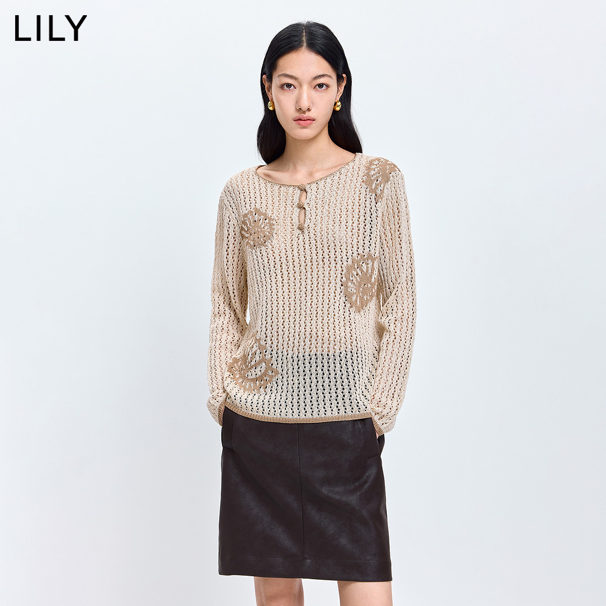 LILY2026春新款女装撞色提花宽松休闲通勤百搭长袖针织衫毛衣罩衫