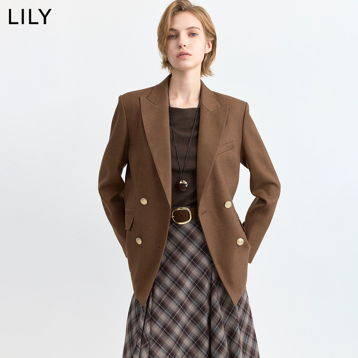 LILY2026冬新款复古简约正肩收腰通勤轻商务深色西装外套女小个子