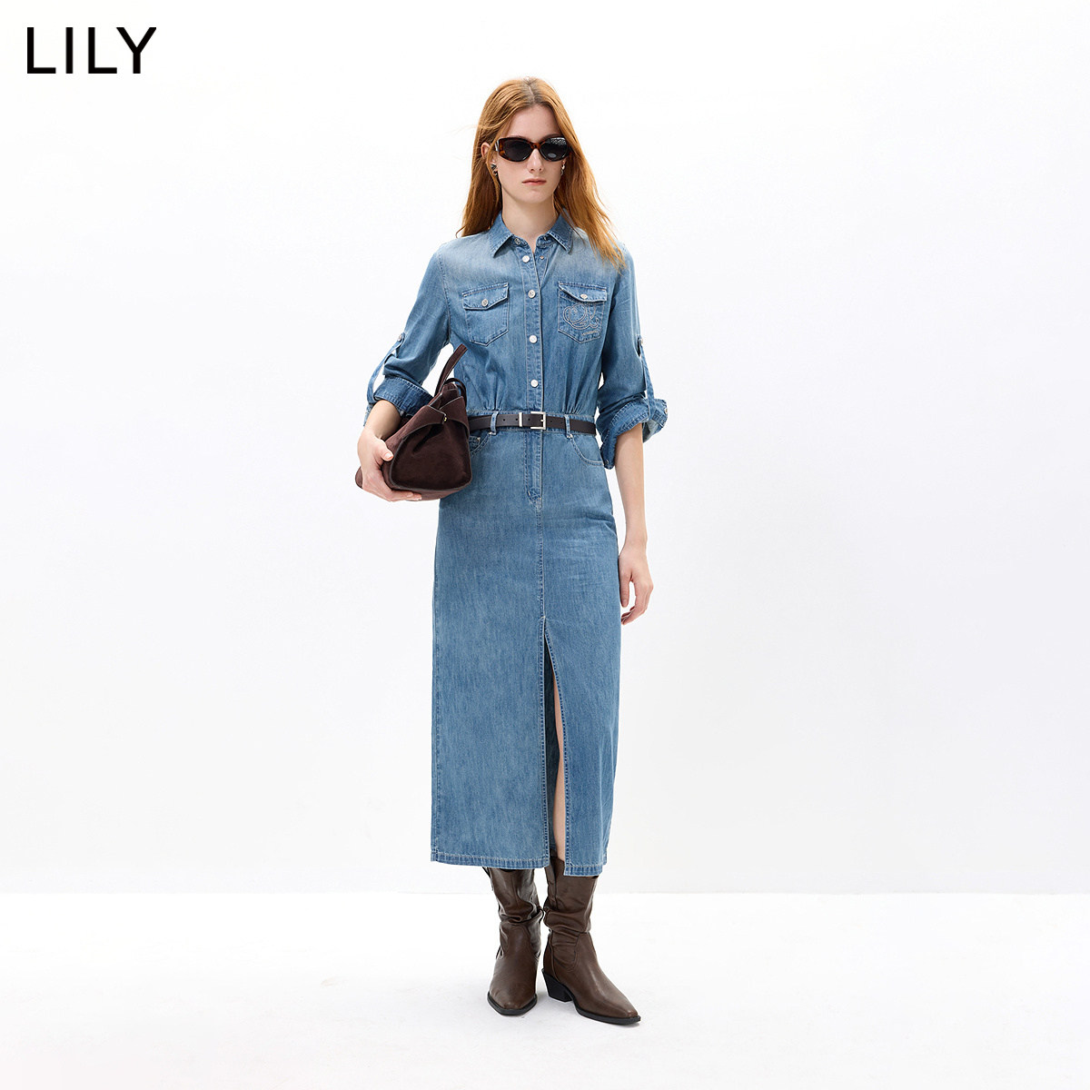LILY2026秋新款女装纯棉复古翻领收腰休闲通勤工装牛仔直筒连衣裙