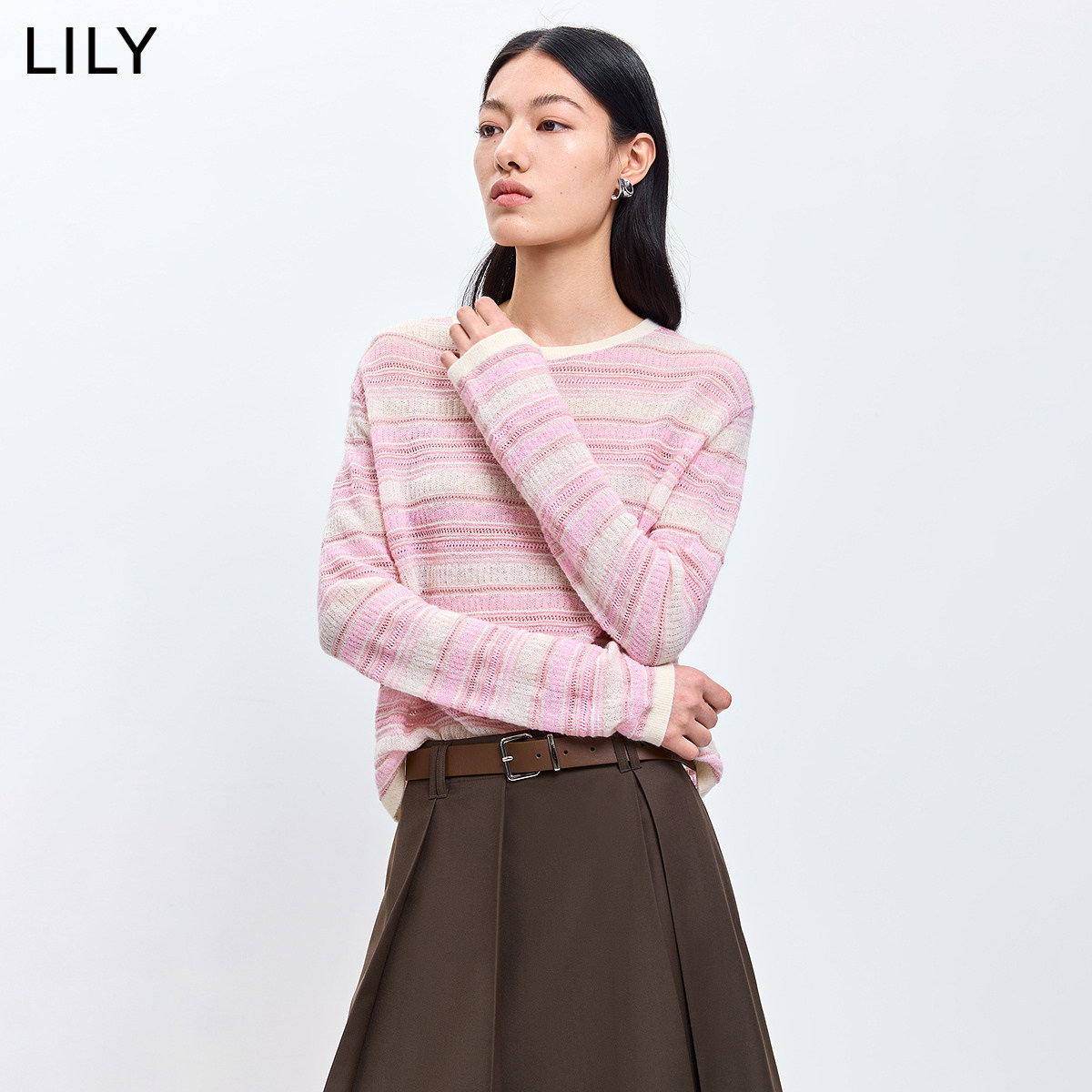 LILY2026春新款女装含羊毛马海毛撞色条纹浅色圆领长袖针织衫毛衣