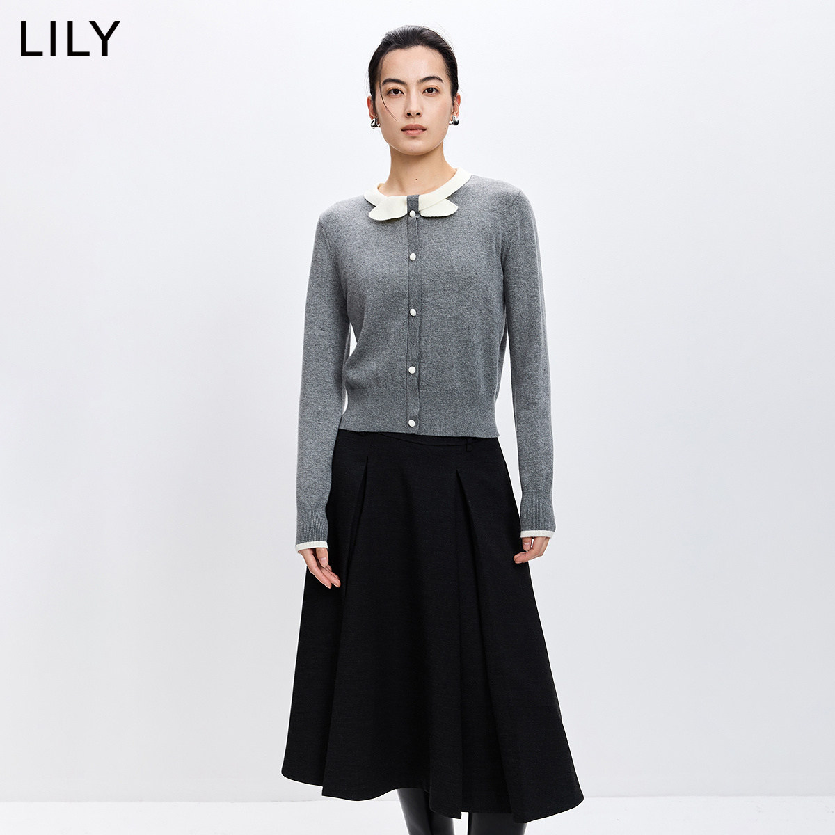 LILY2026春新款女装含羊毛格雷系撞色打结圆领通勤套头针织衫短款
