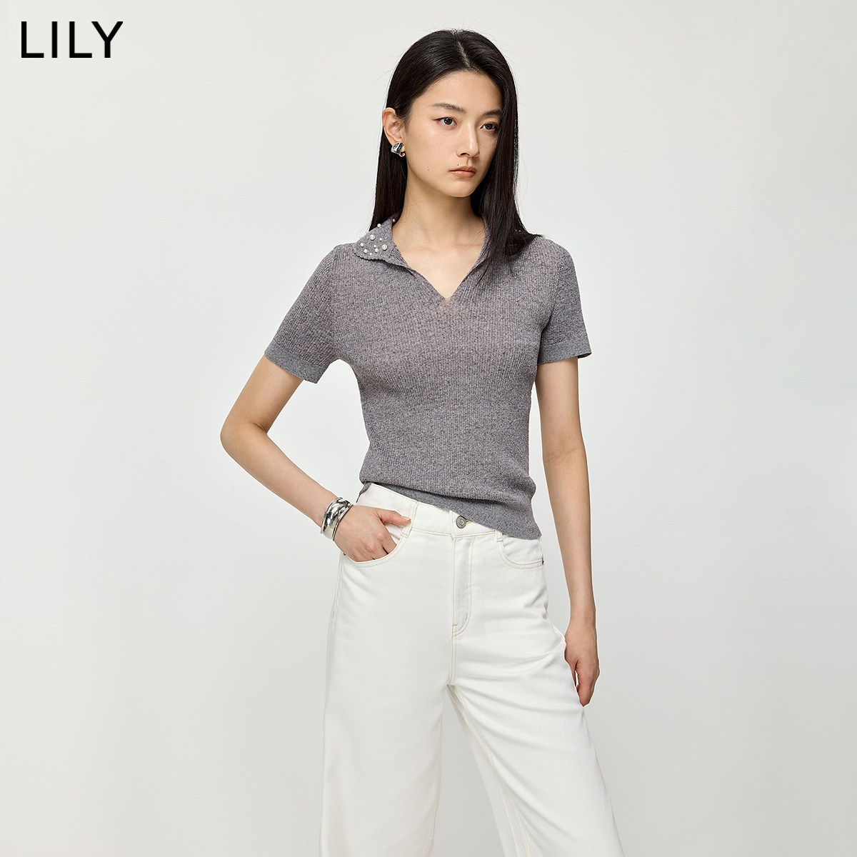 LILY2026夏新款女装含亚麻格雷系钉珠翻领修身通勤浅色短袖针织衫