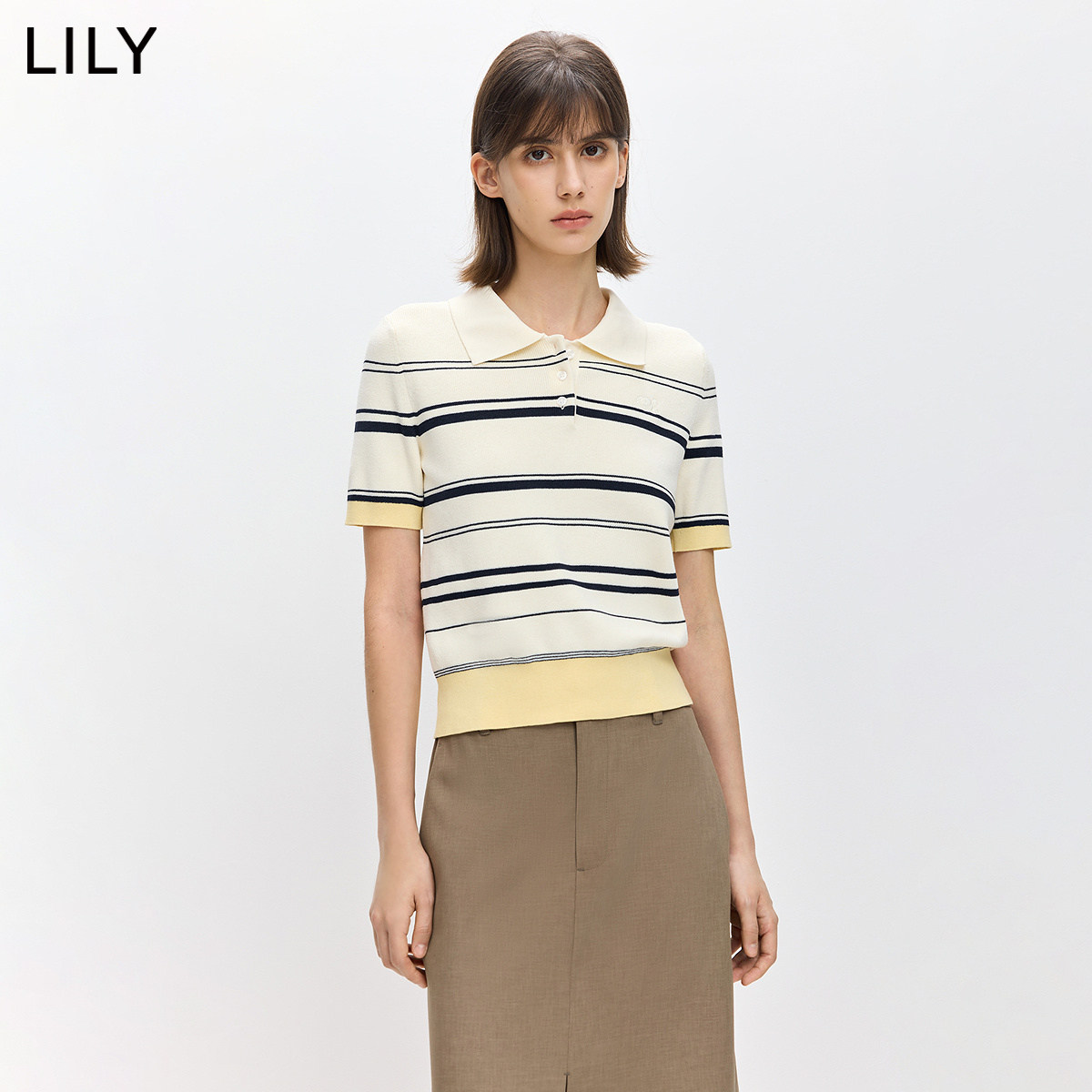LILY2026春新款时髦简约POLO领撞色条纹休闲通勤短袖针织衫毛衣女