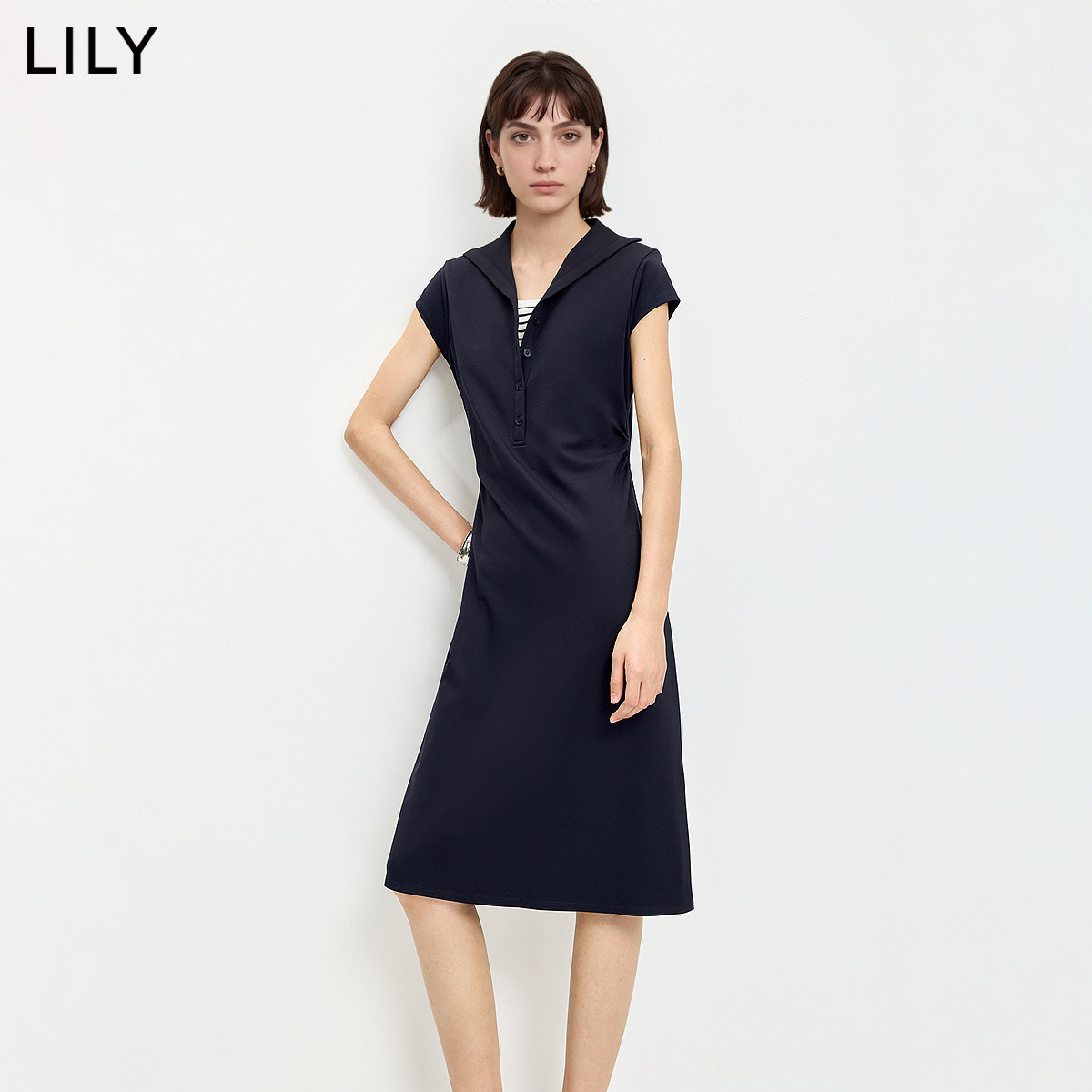 LILY夏新莱赛尔羊毛收腰连衣裙