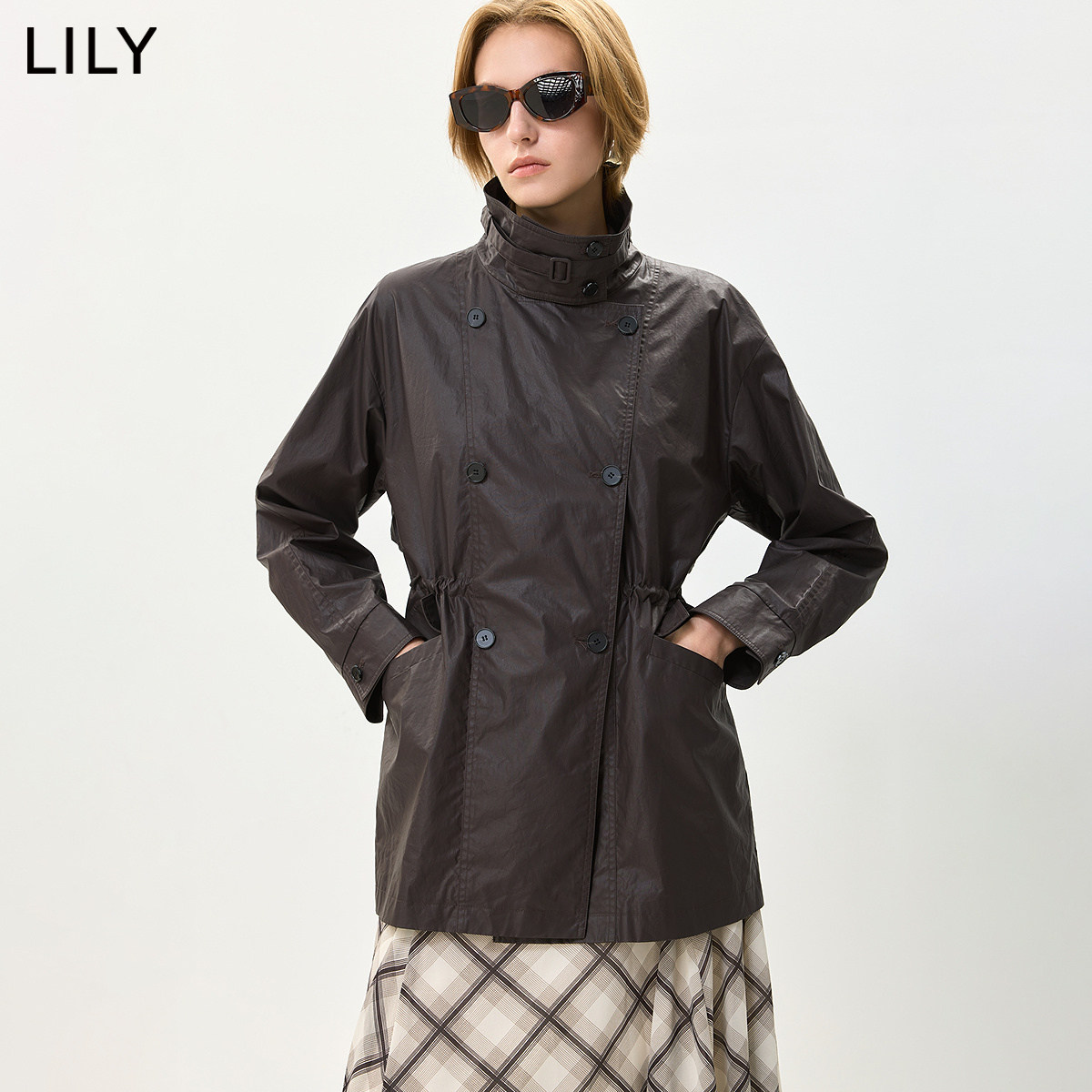 LILY2026秋新款纯棉复古立领落肩宽松休闲通勤百搭工装外套女短款