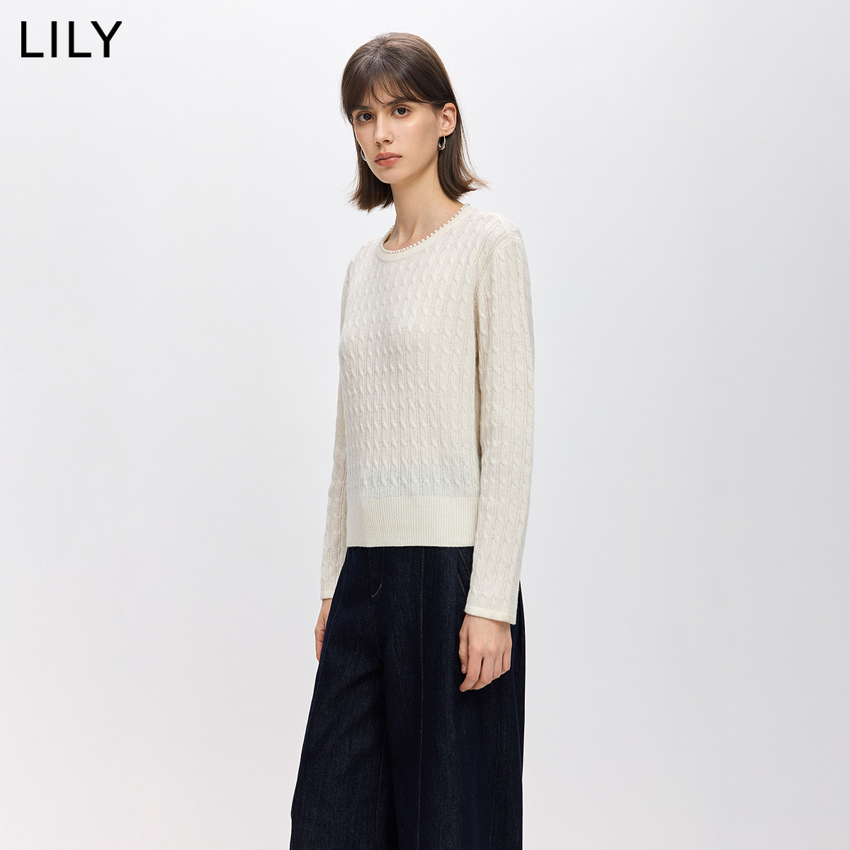 LILY2026春新款女装羊毛混纺软糯钉珠圆领套头气质通勤针织衫毛衣