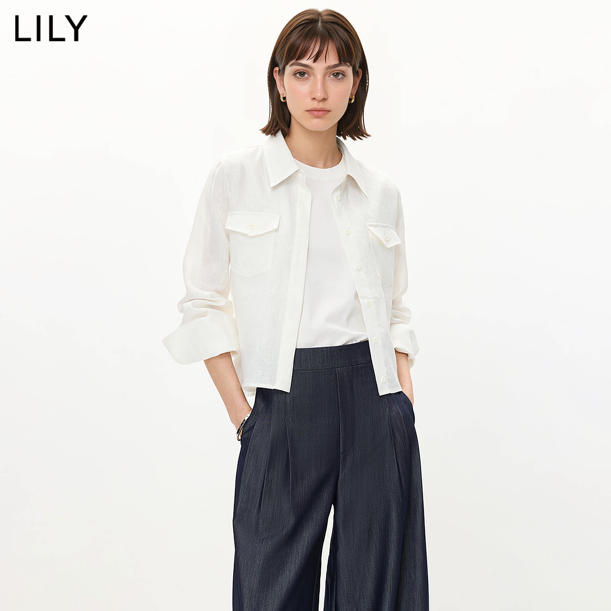 100%亚麻LILY2026夏新款翻领正肩宽松休闲纯色工装衬衫外套短款女
