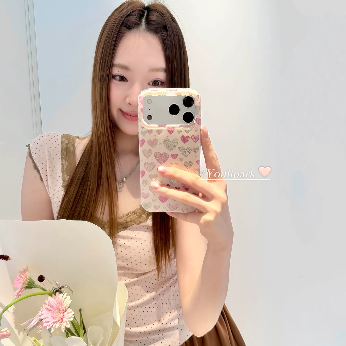 韩系ins甜美少女满屏钻石纹爱心适用苹果18promax手机壳新款iPhone17pro全包16保护套15防摔14plus/13/12兴11