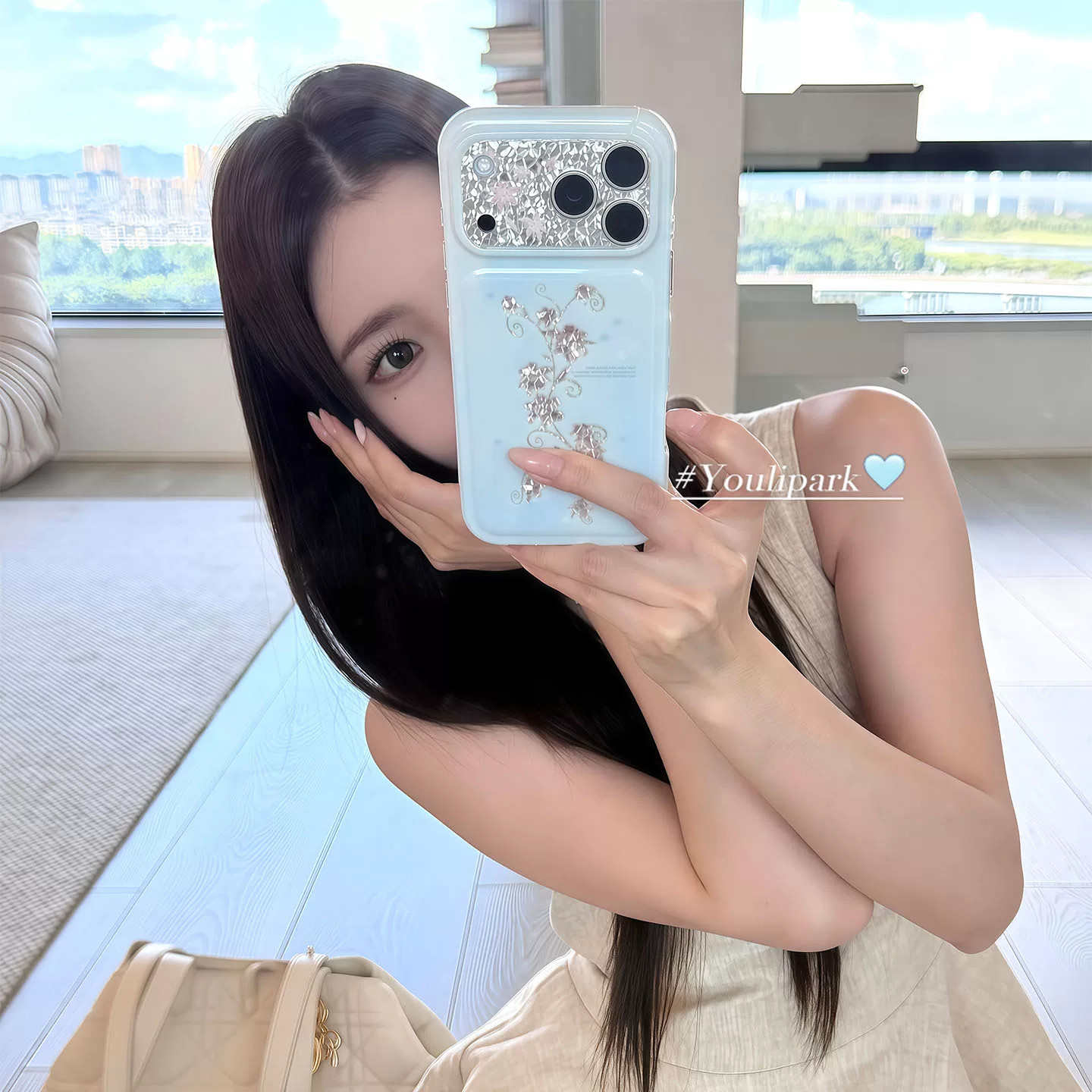 韩系ins风少女薄雾蓝钻石纹藤蔓花朵适用苹果18promax手机壳iPhone17pro新款16plus保护套15全包14防摔13兴12