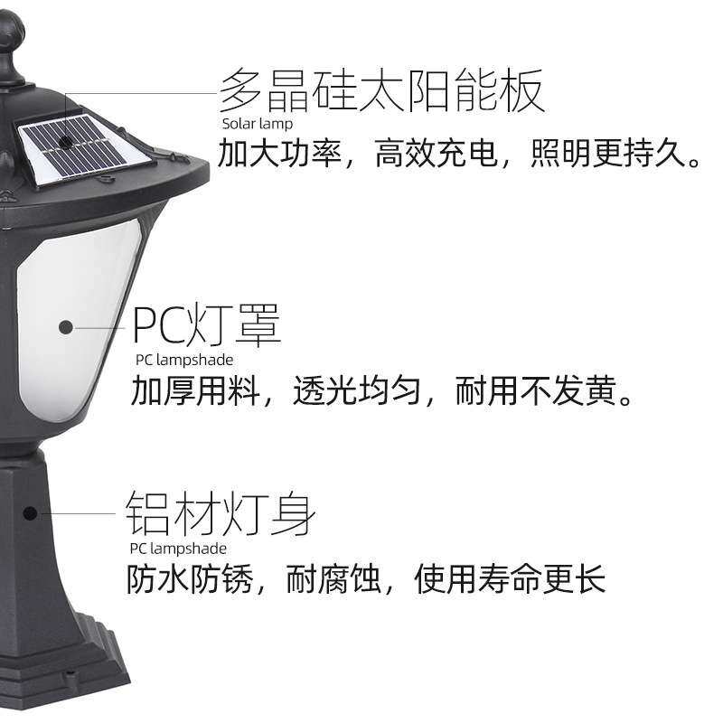 太阳能柱头灯围墙庭院灯防水大门感应灯室外别墅led灯智能感应