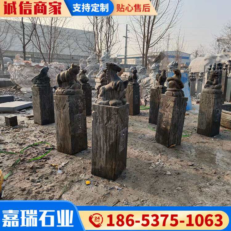 青石拴马桩石雕狮子仿古做旧石柱子 园林小象拴马桩石雕装饰摆件