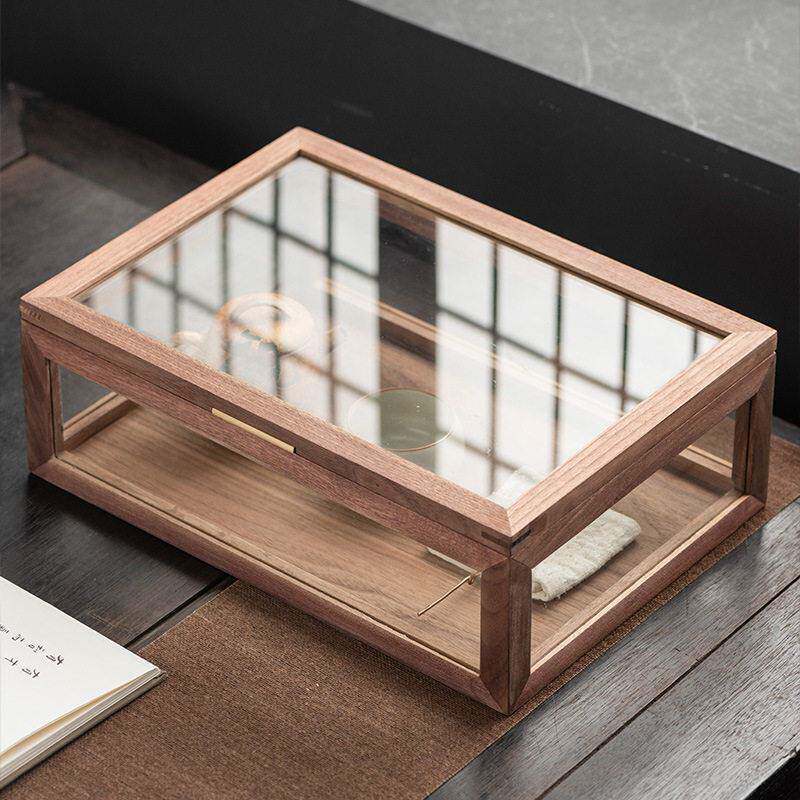 北美黑胡桃木五面玻璃柜茶具收纳盒防尘透明桌面整理盒子中式柜子