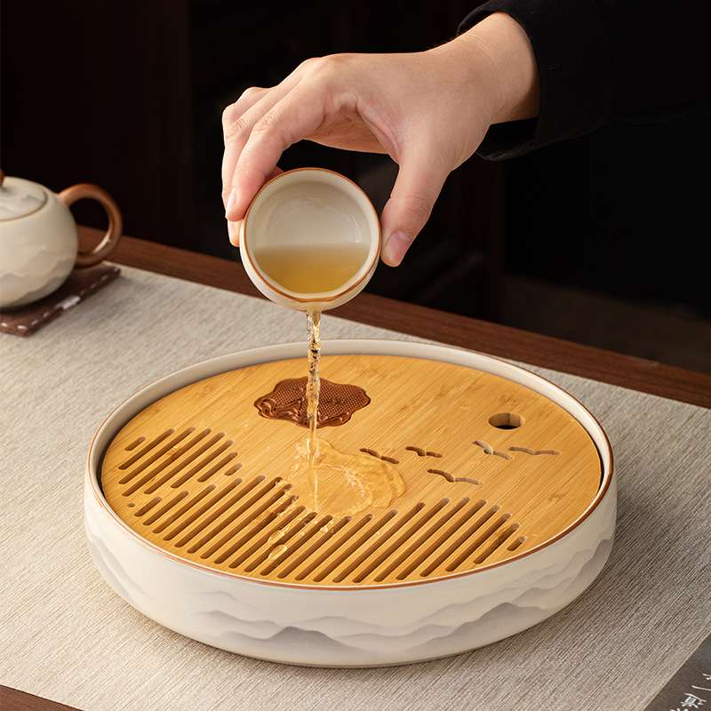 水墨陶瓷茶盘储水家用茶海茶功夫干泡茶托盘中式简约小茶台沥水盘