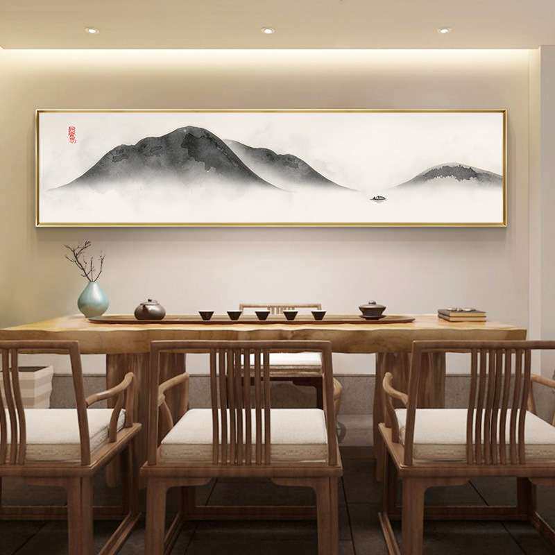 新中式靠山大气茶室横幅书房挂画水墨山水卧室壁画床头客厅装饰画