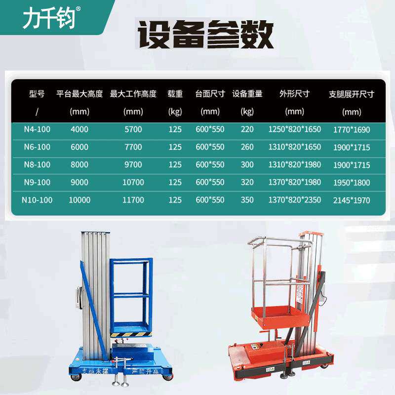 推行式铝合金单柱升降机工作台电动液压小型登高梯可移动
