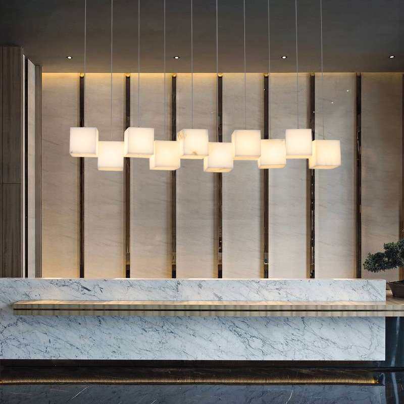 现代新中式长条形餐厅吊灯云石全铜设计师中国风个性吧台茶室灯具