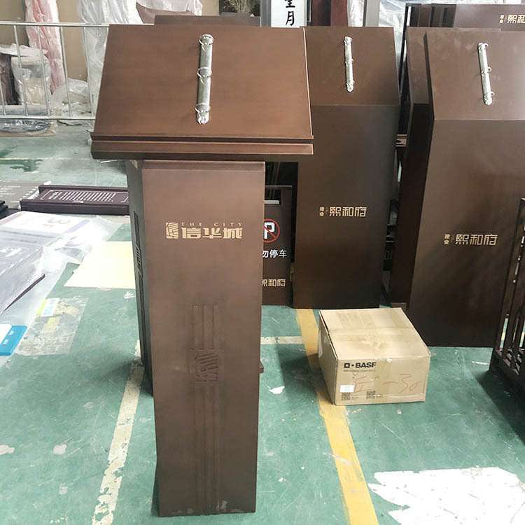 订购售楼部接待台资料架 电镀仿古铜资料架垃圾桶 不锈钢指示牌