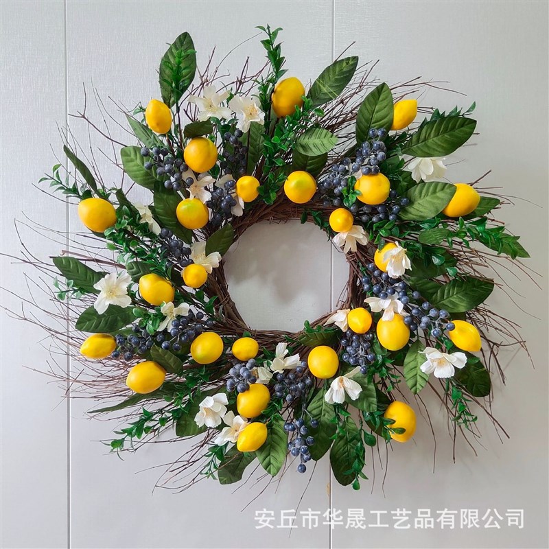 跨境新款仿真植物柠檬花环 蓝莓果门挂墙壁饰 水果太阳底藤圈挂饰