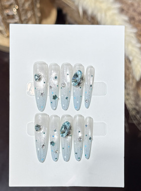 黛瑞森【蓝色璃月】夏日清新蓝色法式猫眼美甲K9钻手工穿戴甲甲片