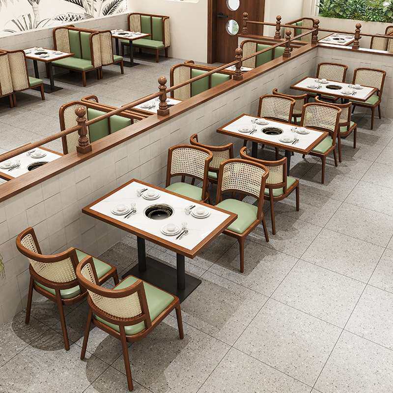 新中式餐厅卡座沙发编藤实木餐桌椅火锅店茶楼西餐厅组合卡座