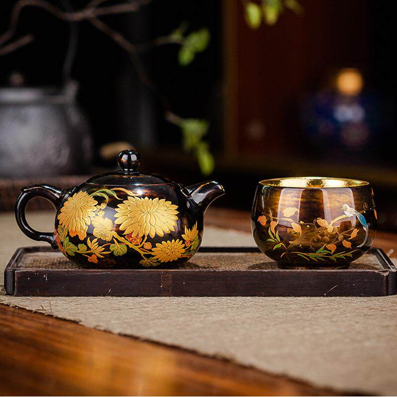 弘一漆茶具HY-712德化漆大紫砂壶20毫升大容器量手绘向日葵茶5壶