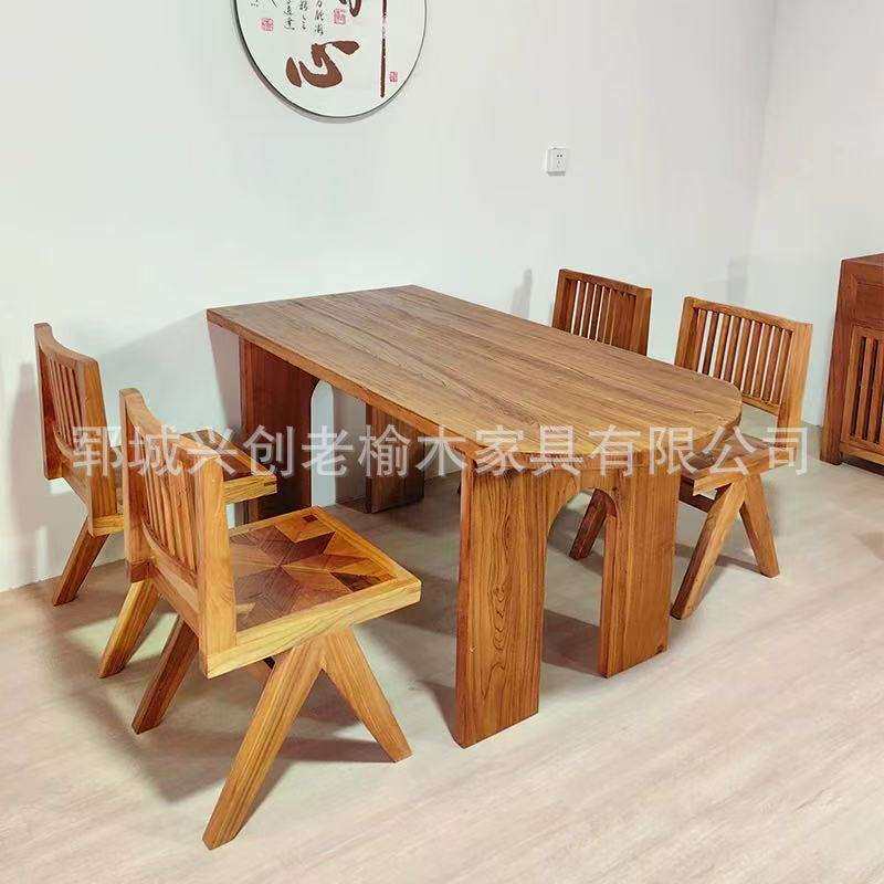 复古禅意餐桌民宿半圆形咖啡餐桌会议桌老榆木餐厅桌椅大板餐桌