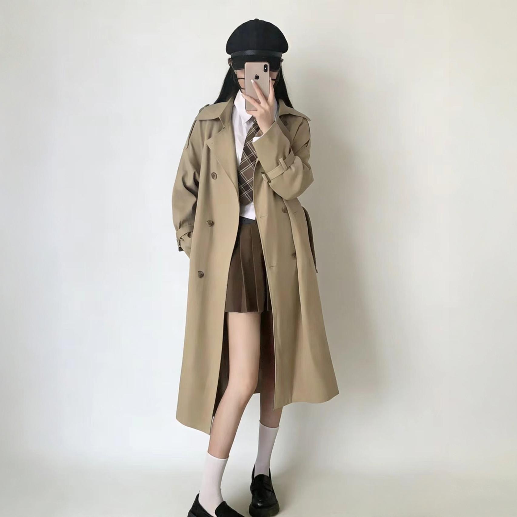 英伦风卡其色学院风中长款风衣女