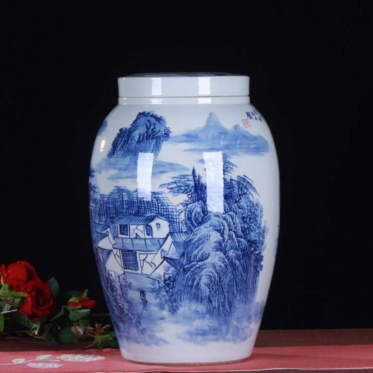 景德镇陶瓷 手绘青花山水陶瓷米缸 江山多娇 油缸 酒缸50斤装