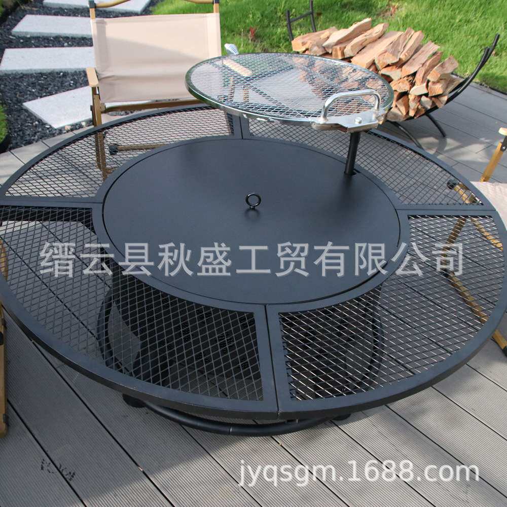 大型圆形炭火围炉煮茶烤炉烤盘可转动烧烤篝火盆炉子庭院烧烤炉