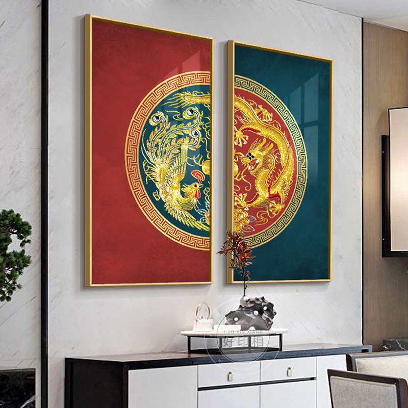 新中式两联竖版客厅挂画中国风酒店茶室书房装饰画中堂画喜庆壁画
