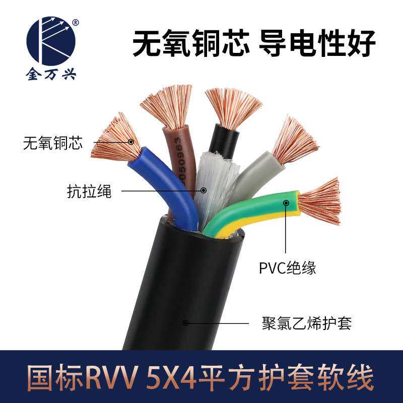 金万兴国标RVV芯线缆5*4平方铜芯PVC护套控制电源线CCC认证电缆