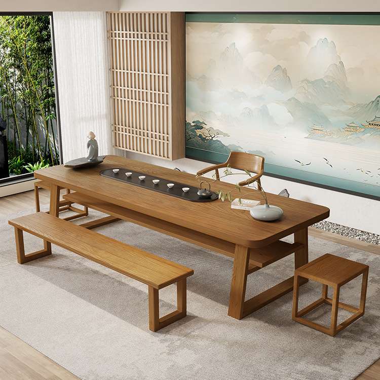 新中式实木大板泡茶桌禅意家用办公茶桌椅组合创意双层隔板储物桌