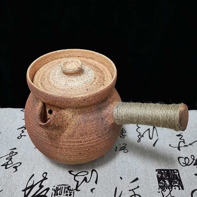 批云南土陶煮茶罐子碳炉粗陶炕茶罐全手工柴烧带盖子侧把复古田园