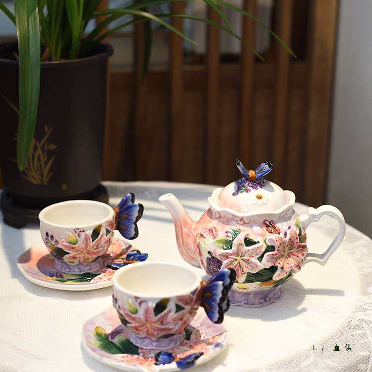 百合花杯盘组套餐茶壶摆件创意家居庭院浪漫花茶壶家用下午茶