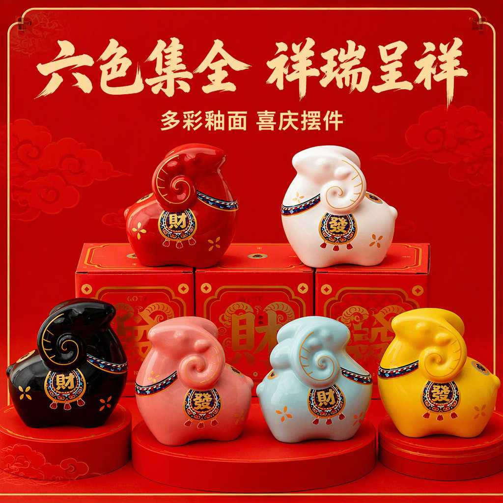 创意国潮陶瓷生肖羊摆件桌面装饰