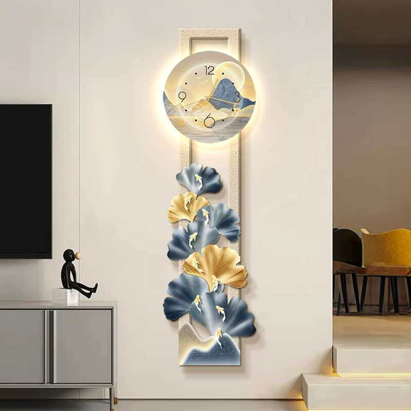 九鱼图挂钟电视墙背景壁画客厅装饰画led发光玄关细长条挂画招财