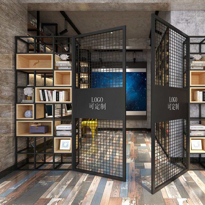 北欧铁艺置物架现代简约实木客厅家用多层展示架落地创意格子书架