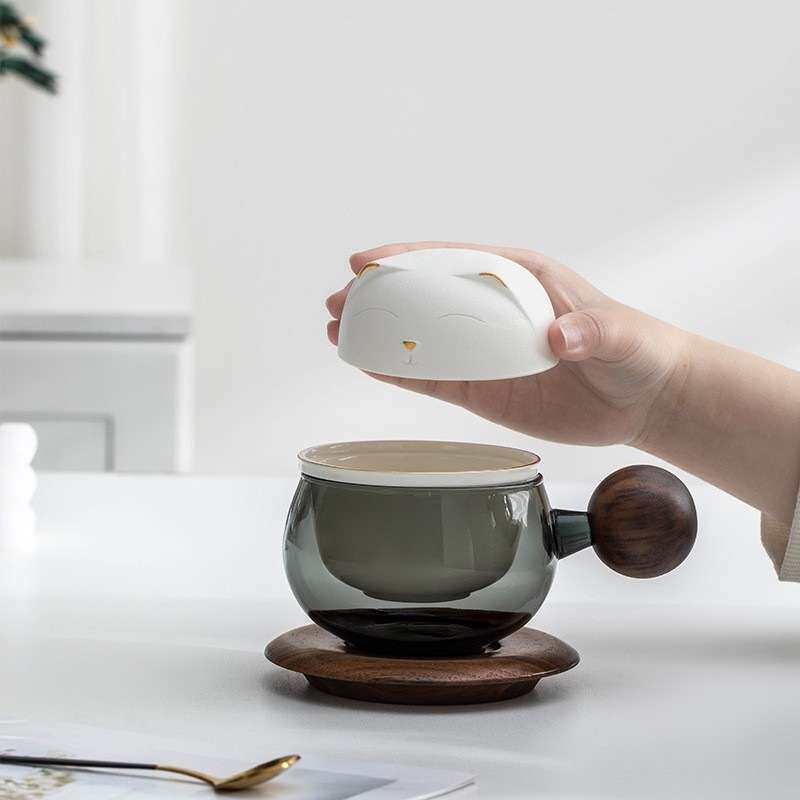 招财猫玻璃轻奢茶咖茶水分离泡茶杯一体杯办公室高档咖啡杯子送礼