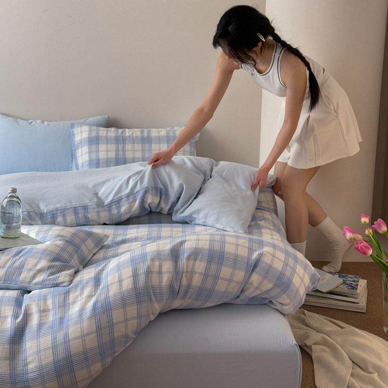 全棉sshe色织布提花件四套纱时屿时空-日简约格子款小提式花床品