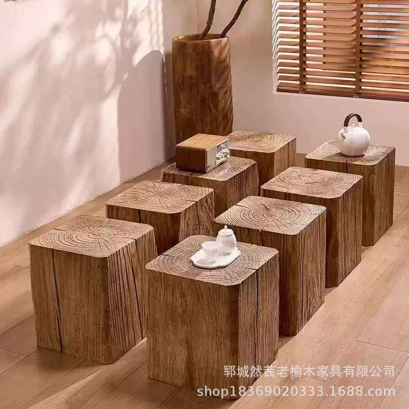 老榆木木墩酒店民宿玄关装饰摆件原木木墩盆栽工艺品底座花架木桩