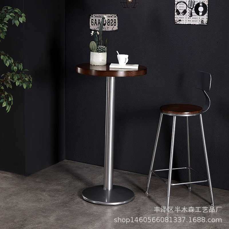 美式乡村酒吧高脚圆形吧桌loft铁艺复古高脚咖啡桌工业风吧台桌椅