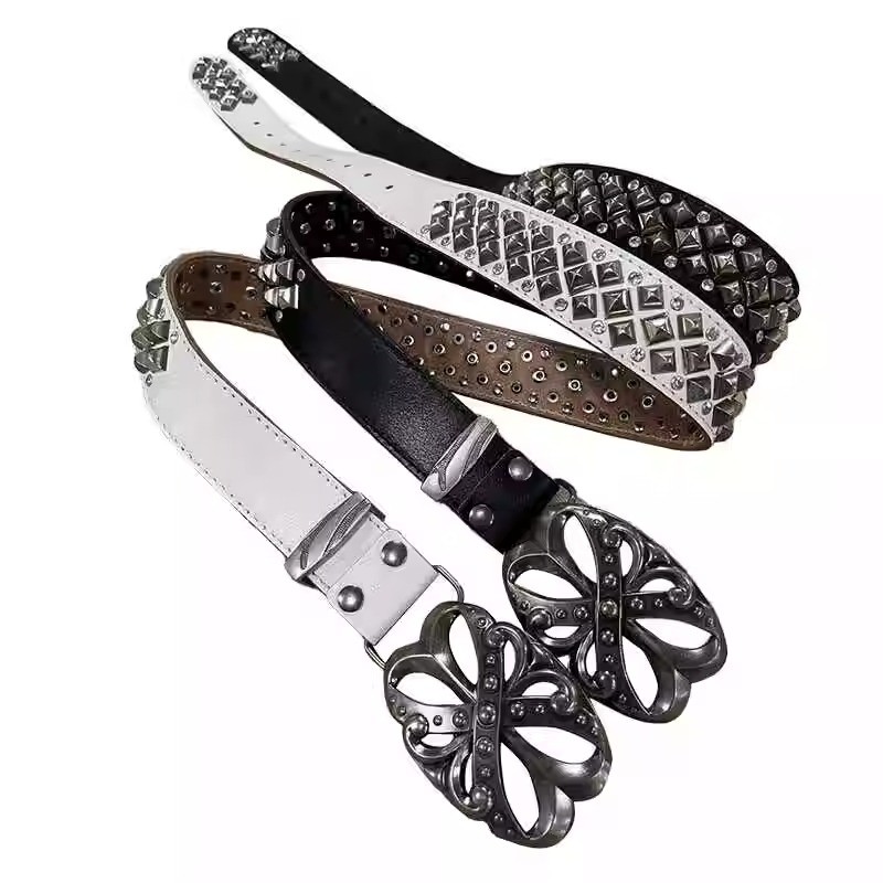 thumbnail for DND4DES [Cortis Style] Vintage Punk Carved Heavy-Duty Metallic Rhinzo Genuine Leather Belt Waistband
