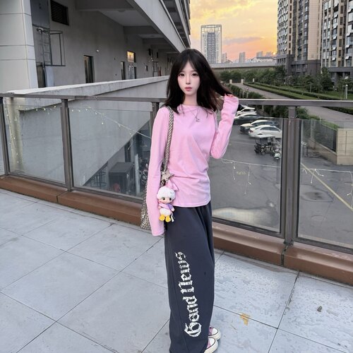 休闲裤印花宽松字母阔腿做旧女