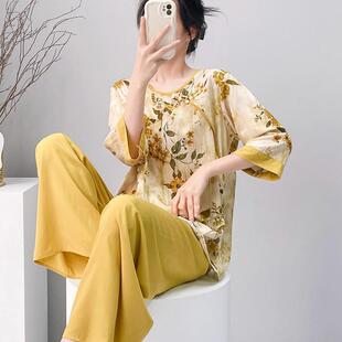 新款新中式女春夏棉绸宽松凉感国风人造棉绵绸时尚外穿可居家套装