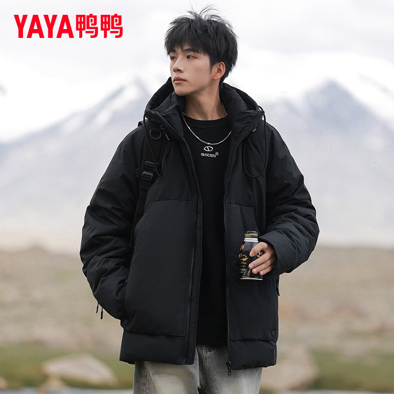 鸭鸭男士工装短款羽绒服 加厚 90 白鸭绒连帽宽松青年冬季外套