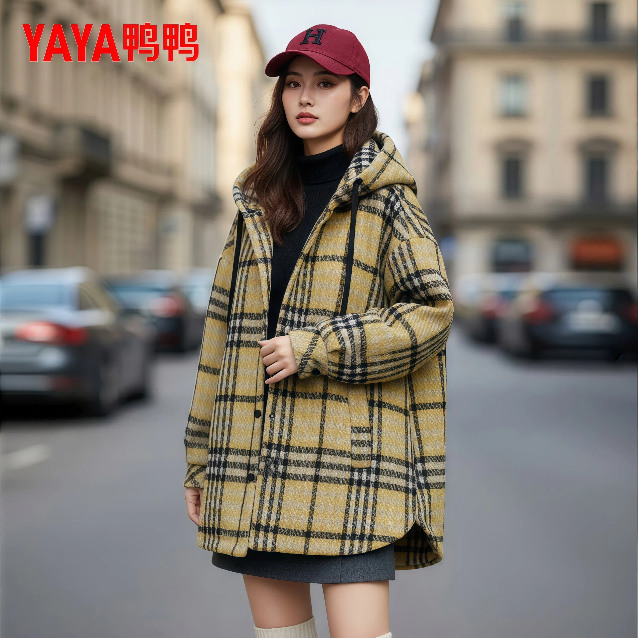 鸭鸭官方中长款羽绒服女2026年新款冬季格子百搭休闲风保暖外套女